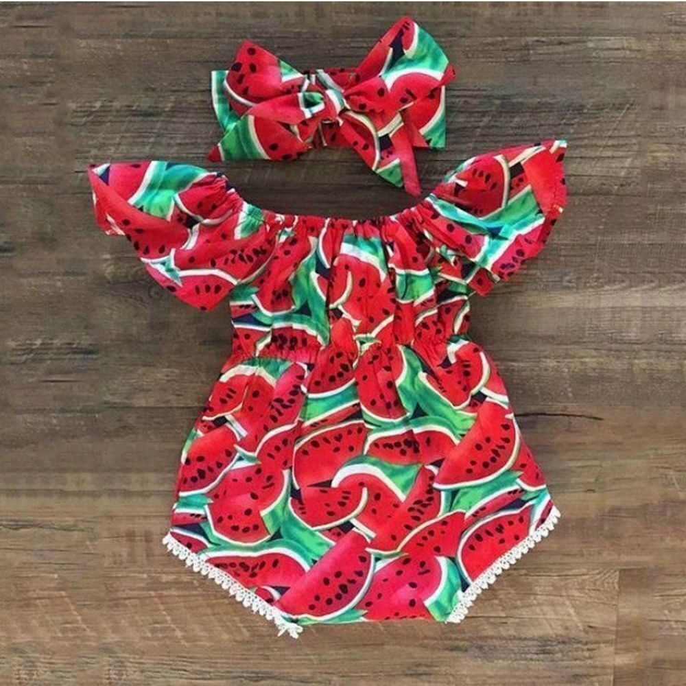 Adorable Watermelon Print Romper and Headband Set - Sz 12-18 Mos